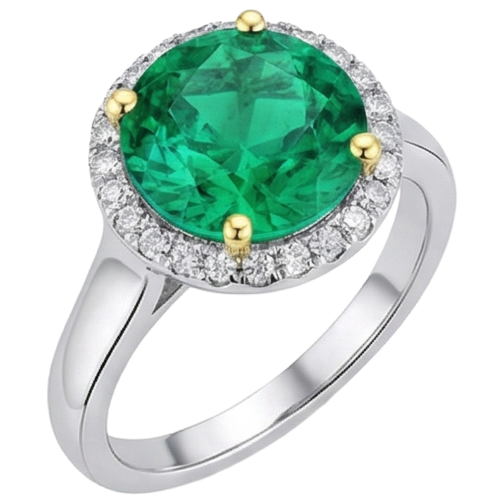 Natural Real ( Not Lab Grown ) Big Round Gemstone Halo Ring Green Emerald GIA Wedding Jewelry