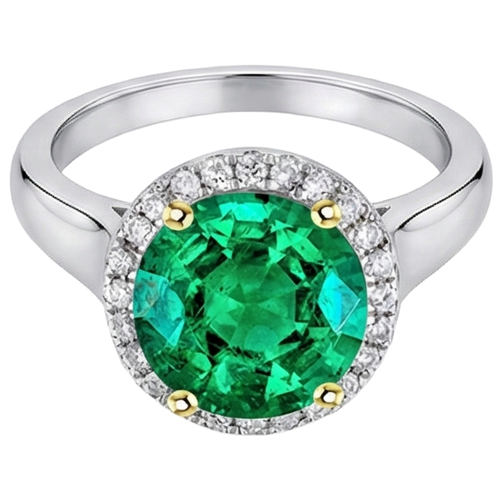 Natural Real ( Not Lab Grown ) Big Round Gemstone Halo Ring Green Emerald GIA Wedding Jewelry