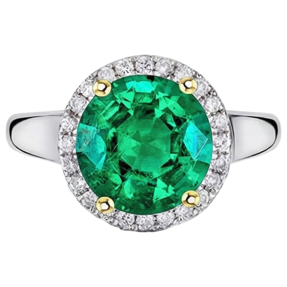Natural Real ( Not Lab Grown ) Big Round Gemstone Halo Ring Green Emerald GIA Wedding Jewelry