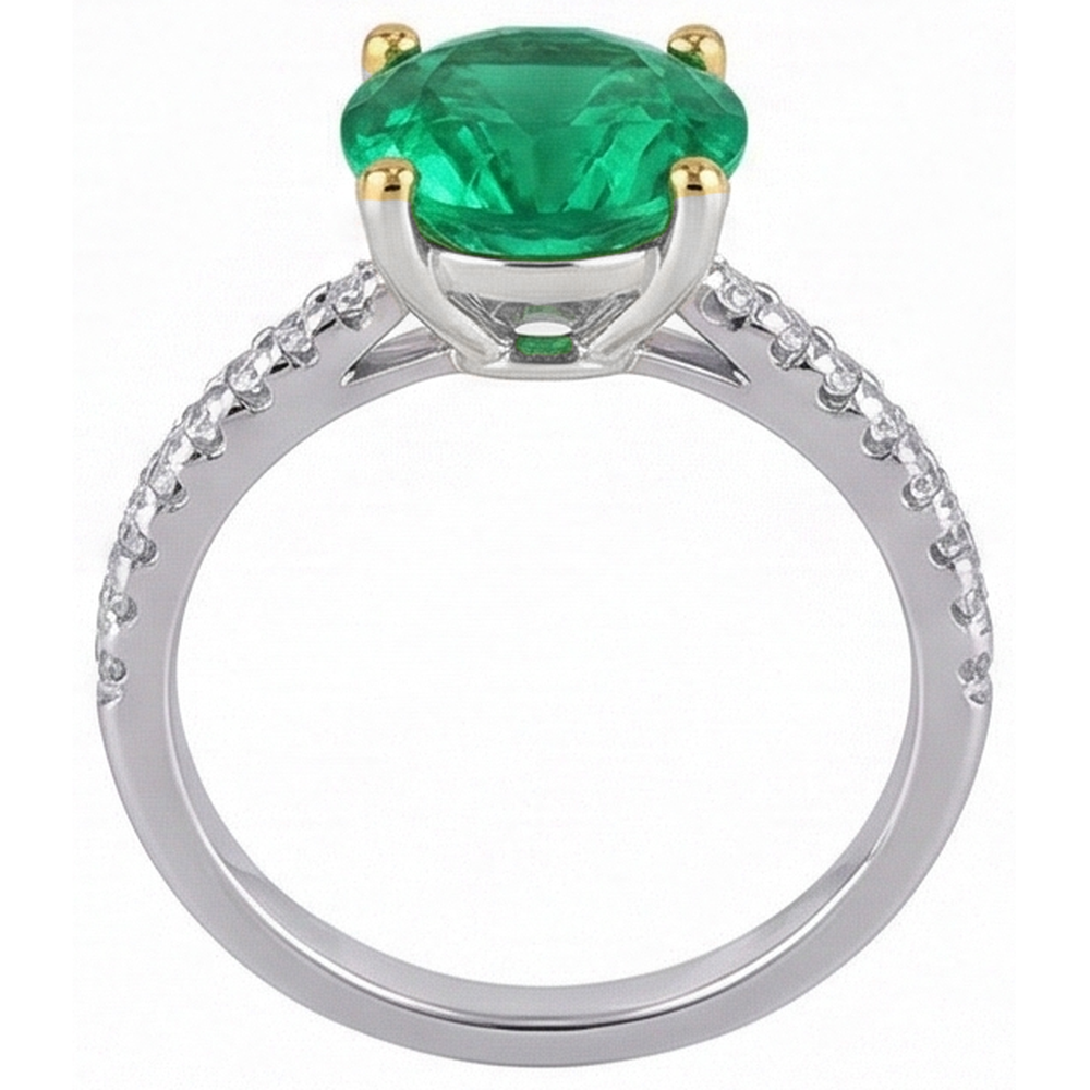 Natural Real ( Not Lab Grown ) Big Round Green Emerald GIA Ring Two Tone Gold 14K