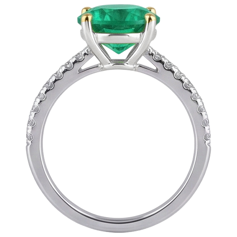 Natural Real ( Not Lab Grown ) Big Round Green Emerald GIA Ring Two Tone Gold 14K