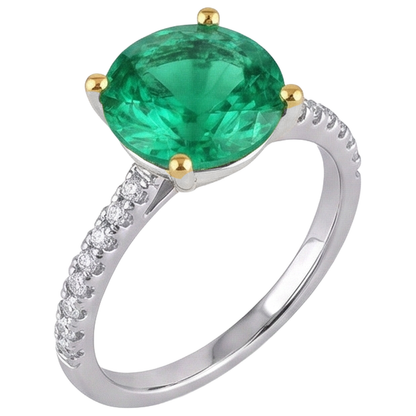 Natural Real ( Not Lab Grown ) Big Round Green Emerald GIA Ring Two Tone Gold 14K