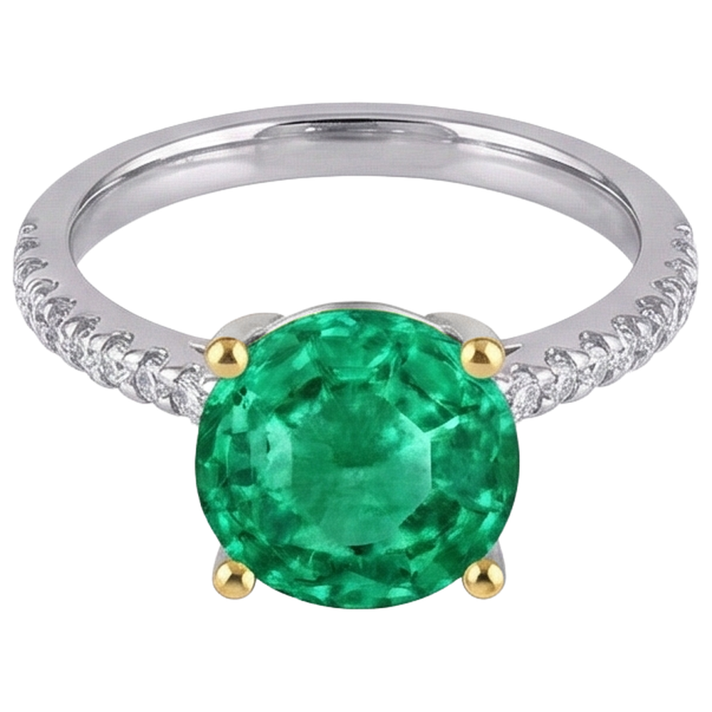 Natural Real ( Not Lab Grown ) Big Round Green Emerald GIA Ring Two Tone Gold 14K