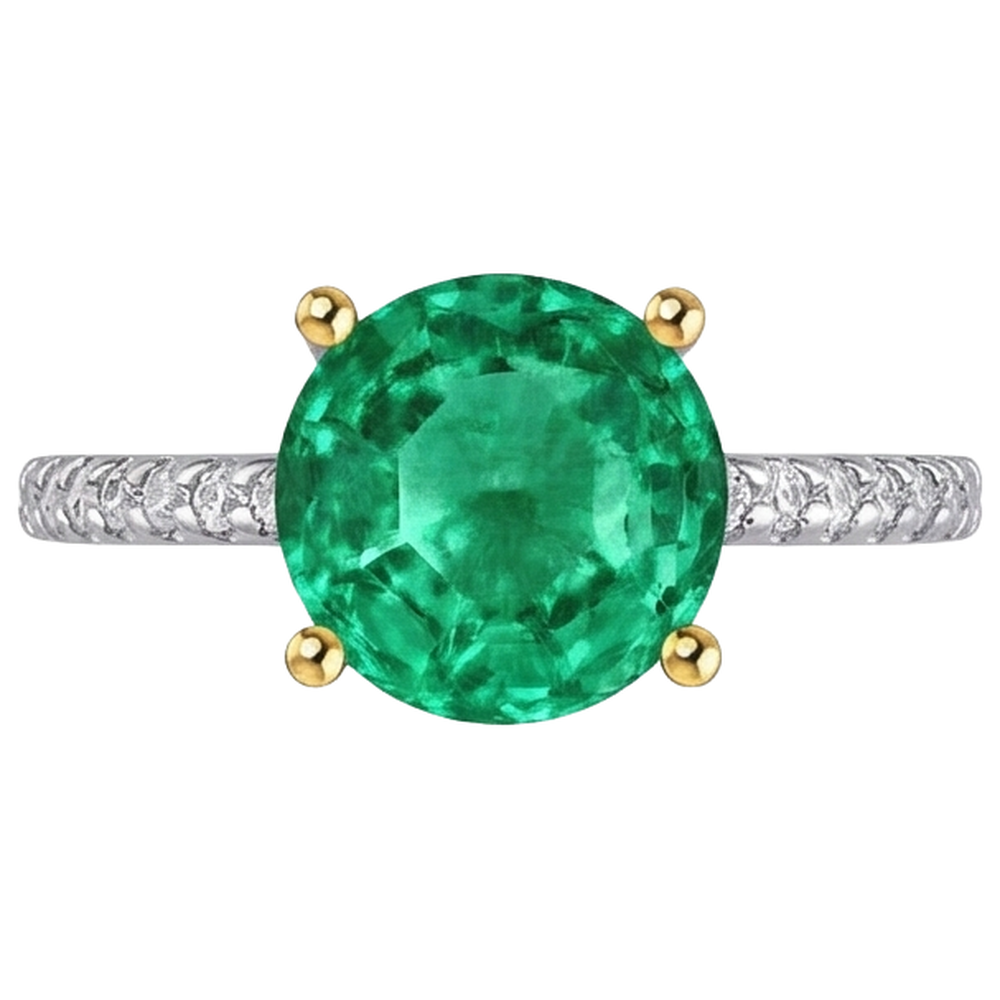 Natural Real ( Not Lab Grown ) Big Round Green Emerald GIA Ring Two Tone Gold 14K