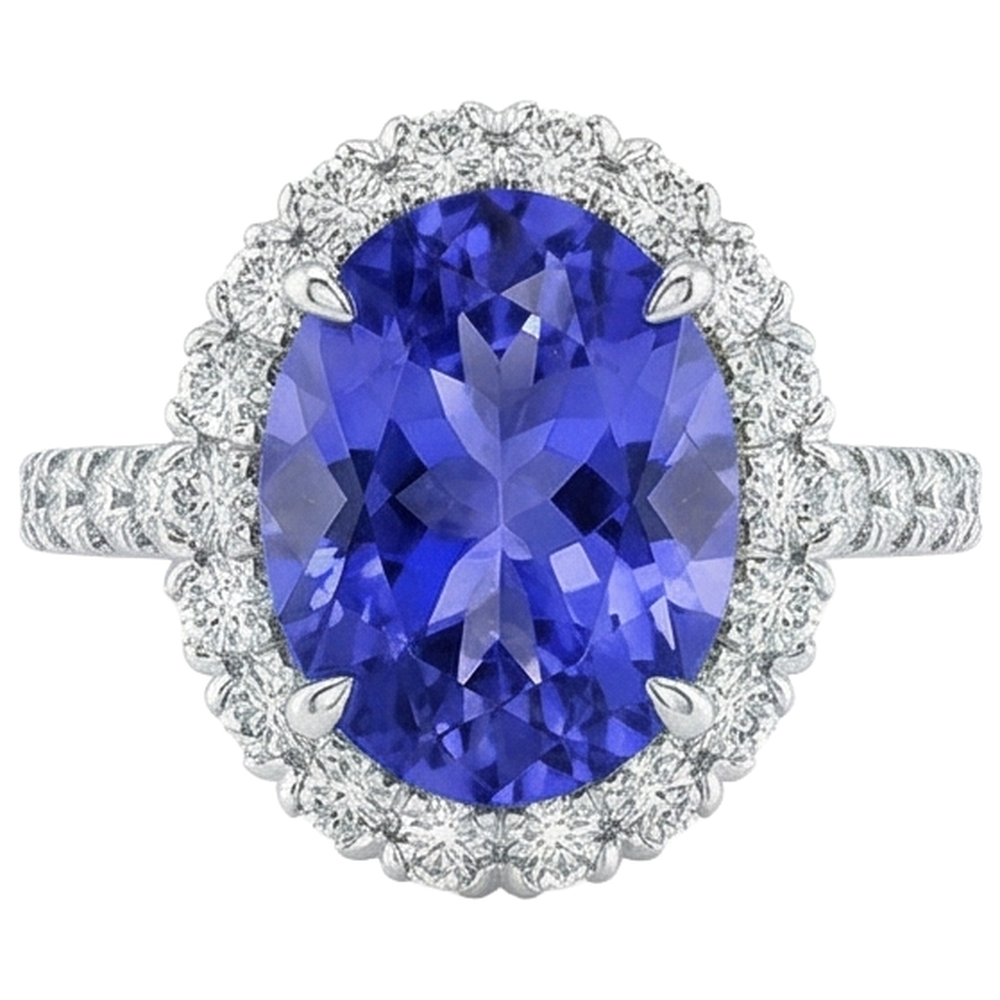 Big Tanzanite And Natural Earth Mined Diamonds 18 Carats Wedding Ring White Gold 14K