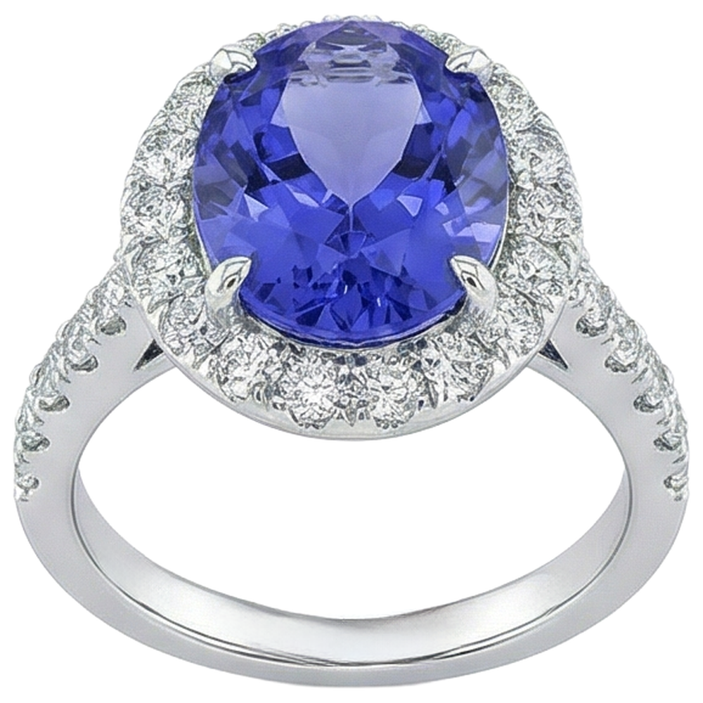 Big Tanzanite And Natural Earth Mined Diamonds 18 Carats Wedding Ring White Gold 14K