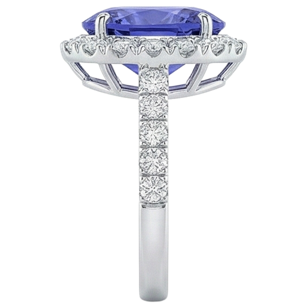 Big Tanzanite And Natural Earth Mined Diamonds 18 Carats Wedding Ring White Gold 14K
