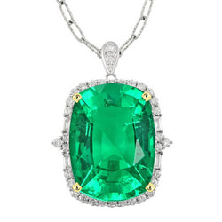 Natural Real ( Not Lab Grown ) Big Cushion Green Emerald GIA Halo Pendant