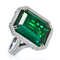 Big Emerald Cut Green Emerald & Diamond Ring Solid Two Tone Gold 24.75 Ct