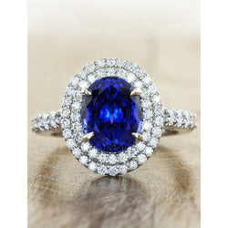 Big Oval Sri Lanka Blue Sapphire Diamond Ring 4.55 Ct White Gold 14K