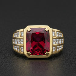 Big Radiant Men's Lab Grown Ruby Ring Yellow Gold 10K