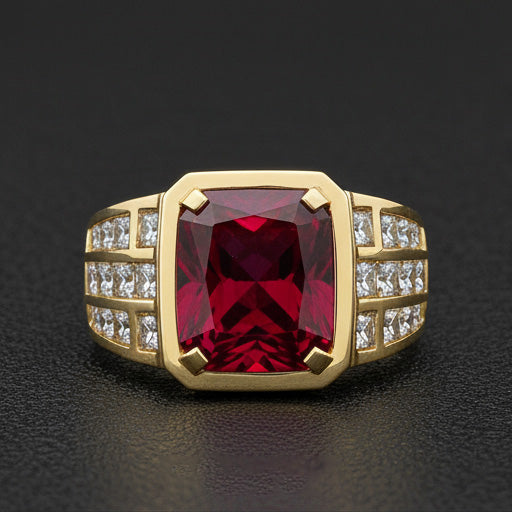 Big Radiant Men's Lab Grown Ruby Ring Yellow Gold 10K
