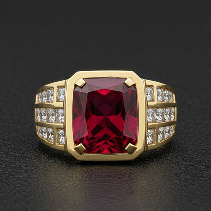 Big Radiant Men's Lab Grown Ruby Ring Yellow Gold 10K
