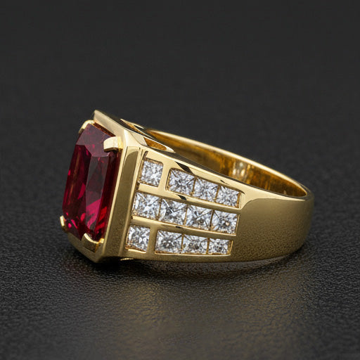 Big Radiant Men's Lab Grown Ruby Ring Yellow Gold 10K