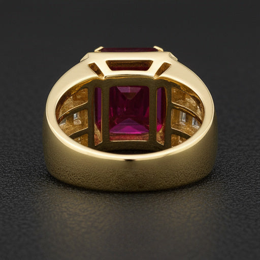 Big Radiant Men's Lab Grown Ruby Ring Yellow Gold 10K
