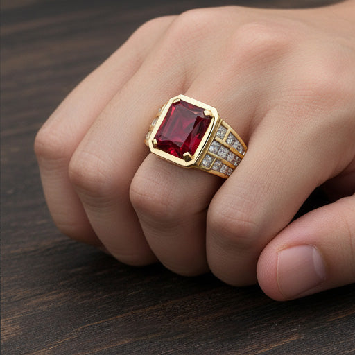 Big Radiant Men's Lab Grown Ruby Ring Yellow Gold 10K