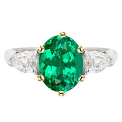 Natural Real ( Not Lab Grown ) Big Oval Gemstone Jewelry Green Emerald GIA 3 Stone Ring