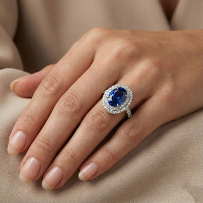 Big Oval Sri Lanka Blue Sapphire Natural Earth Mined Diamond Ring 4.55 Ct White Gold 14K
