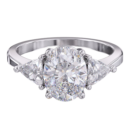 Big Oval Trillion Lab Grown Diamonds Ring White Gold Jewelry Three Stone