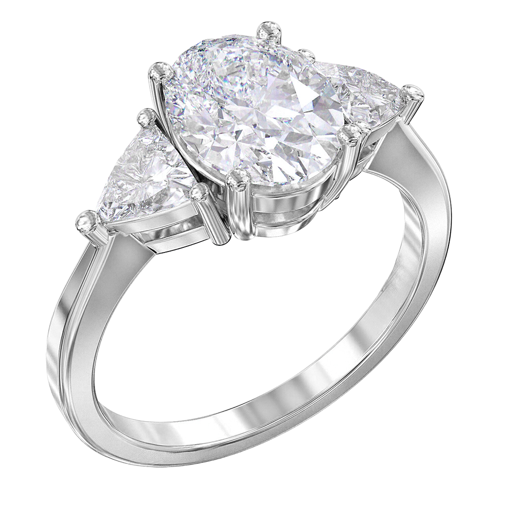 Big Oval Trillion Lab Grown Diamonds Ring White Gold Jewelry Three Stone