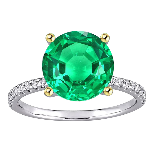 Big Round Green Emerald Ring Two Tone Gold 14K