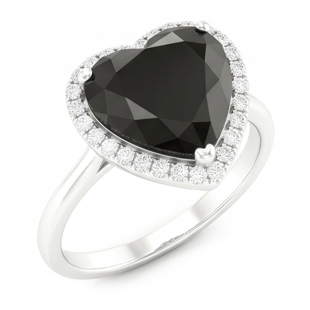 Black Diamond Engagement Ring 3 Carat Real Heart Halo Plain 14K White Gold