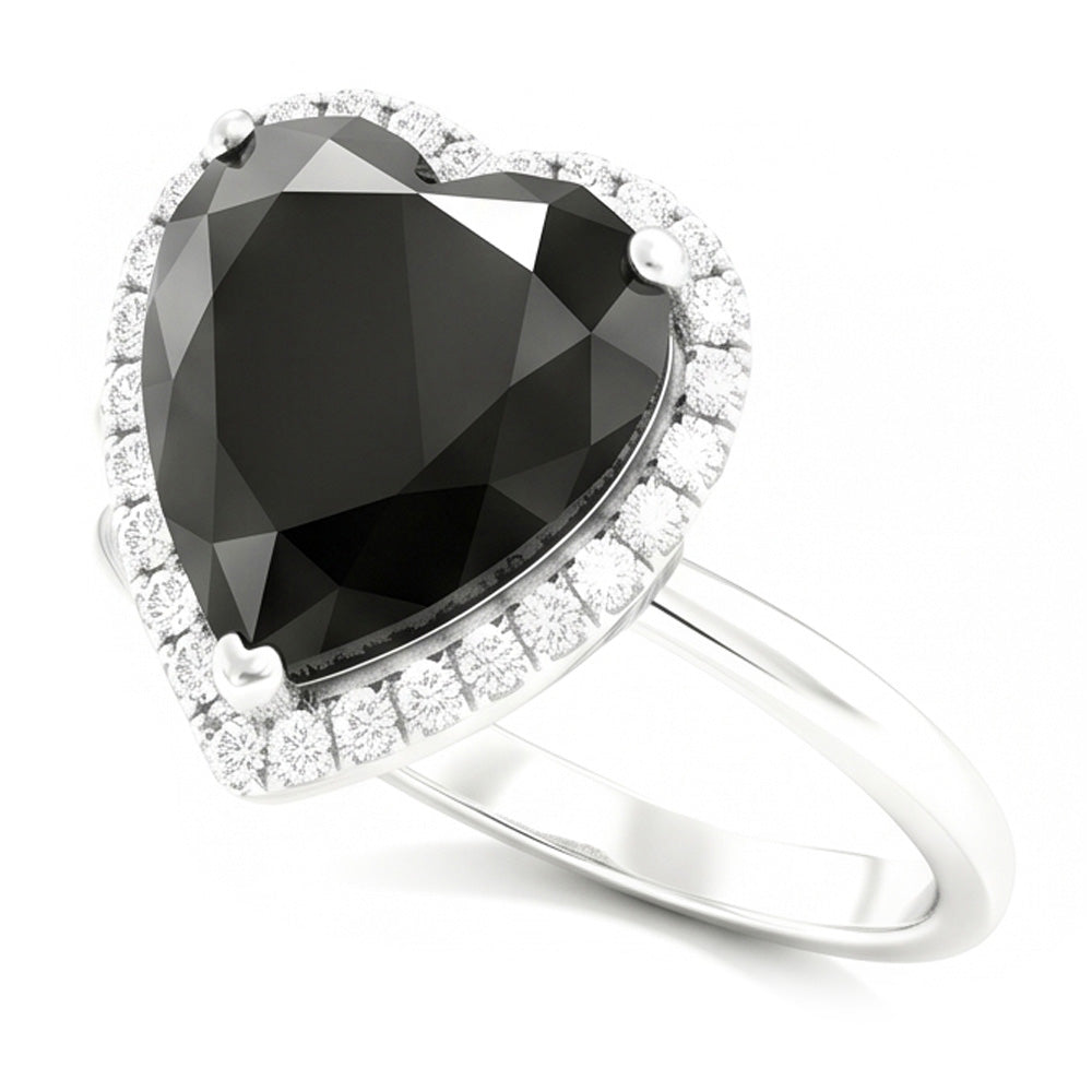 Black Diamond Engagement Ring 3 Carat Real Heart Halo Plain 14K White Gold