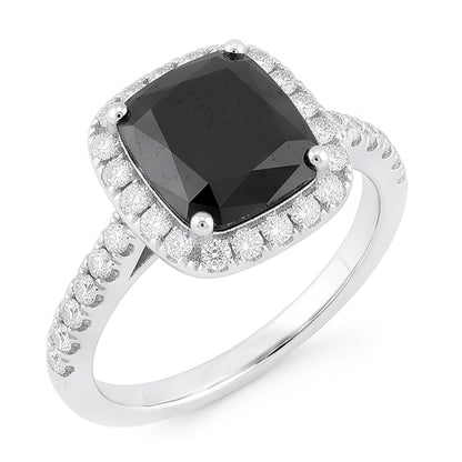 Black Diamond Engagement Ring 5 Carat Real Radiant Halo 14K White Gold