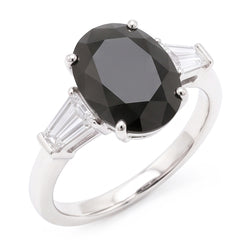 Black Diamond Gold Ring 3.6 Carat Natural Oval Baguette Three Stone 14K White