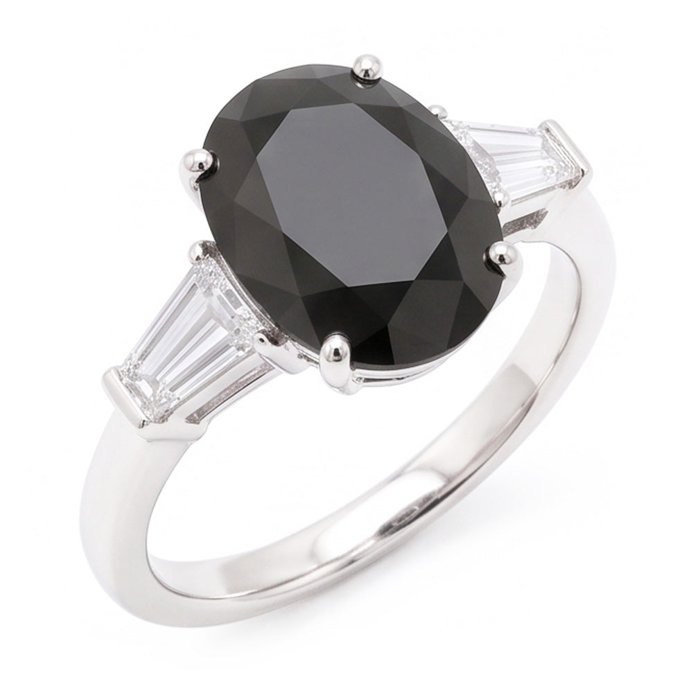 Black Diamond Gold Ring 3.6 Carat Natural Oval Baguette Three Stone 14K White