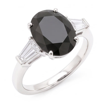 Black Diamond Gold Ring 3.6 Carat Natural Oval Baguette Three Stone 14K White