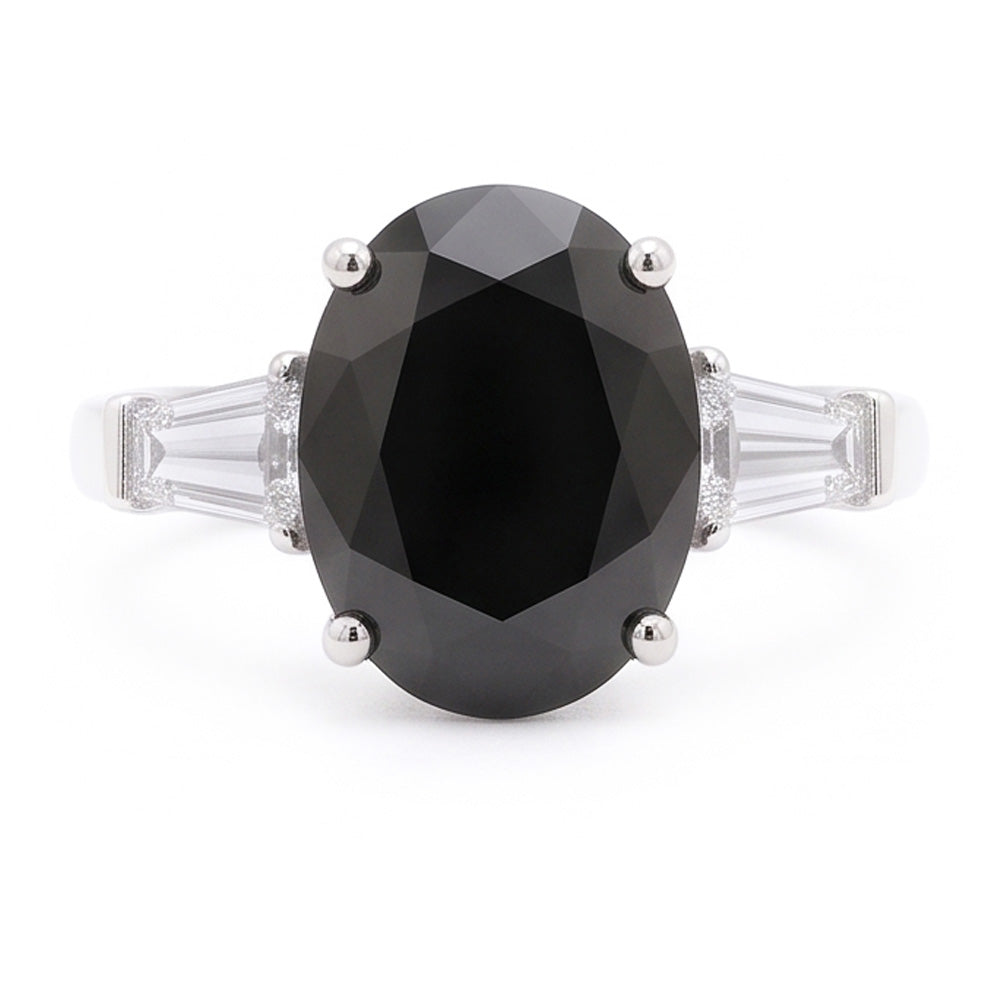Black Diamond Gold Ring 3.6 Carat Natural Oval Baguette Three Stone 14K White