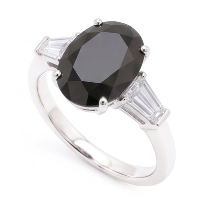 Black Diamond Gold Ring 3.6 Carat Natural Oval Baguette Three Stone 14K White