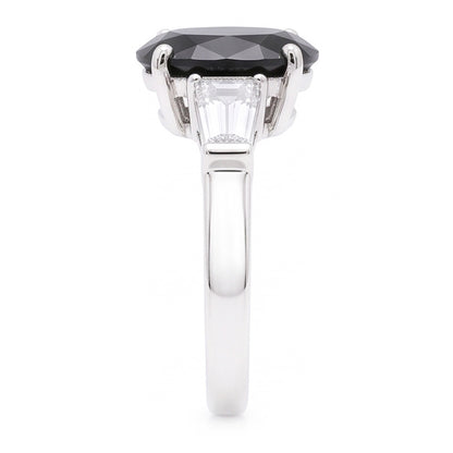 Black Diamond Gold Ring 3.6 Carat Natural Oval Baguette Three Stone 14K White