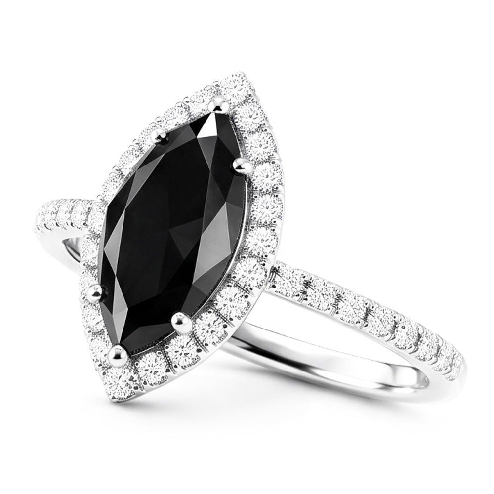 Black Diamond Marriage Ring 4 Carat Real Marquise Halo 14K White Gold