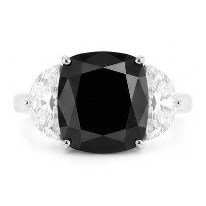 Black Diamond Proposal Ring 4.6 Carat Natural Cushion Half Moon Three Stone 14K White Gold