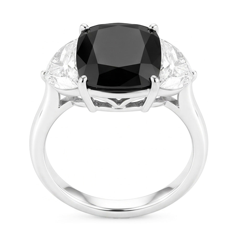 Black Diamond Proposal Ring 4.6 Carat Natural Cushion Half Moon Three Stone 14K White Gold