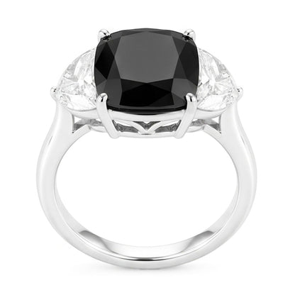 Black Diamond Proposal Ring 4.6 Carat Natural Cushion Half Moon Three Stone 14K White Gold