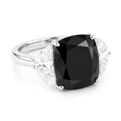 Black Diamond Proposal Ring 4.6 Carat Natural Cushion Half Moon Three Stone 14K White Gold