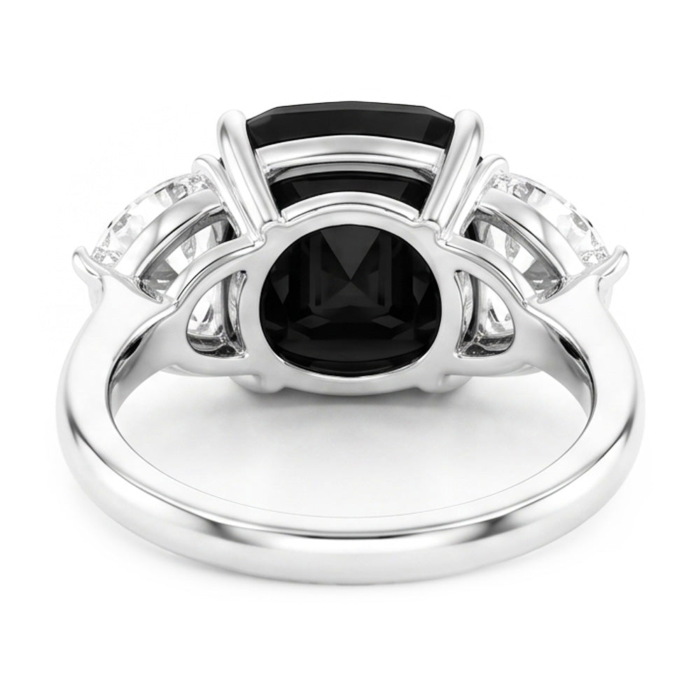 Black Diamond Proposal Ring 4.6 Carat Natural Cushion Half Moon Three Stone 14K White Gold