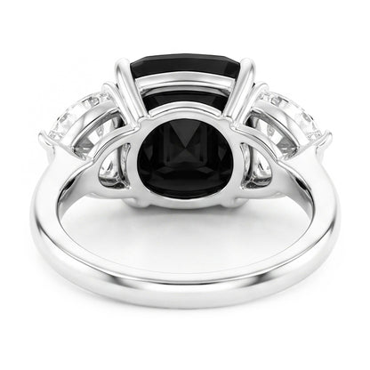 Black Diamond Proposal Ring 4.6 Carat Natural Cushion Half Moon Three Stone 14K White Gold