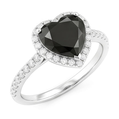 Black Diamond Proposal Ring 4 Carat Natural Heart Halo Pave 14K White Gold