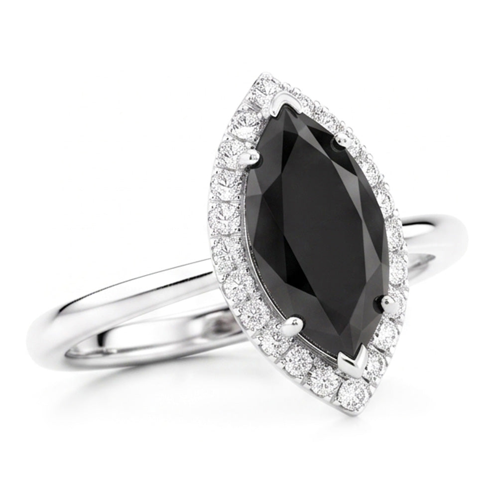 Black Diamond Ring 11 Carat Genuine Marquise Halo 14K White Gold
