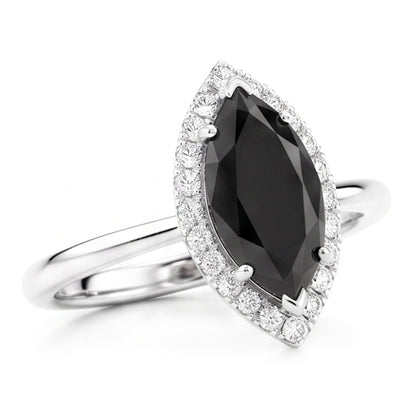 Black Diamond Ring 11 Carat Genuine Marquise Halo 14K White Gold