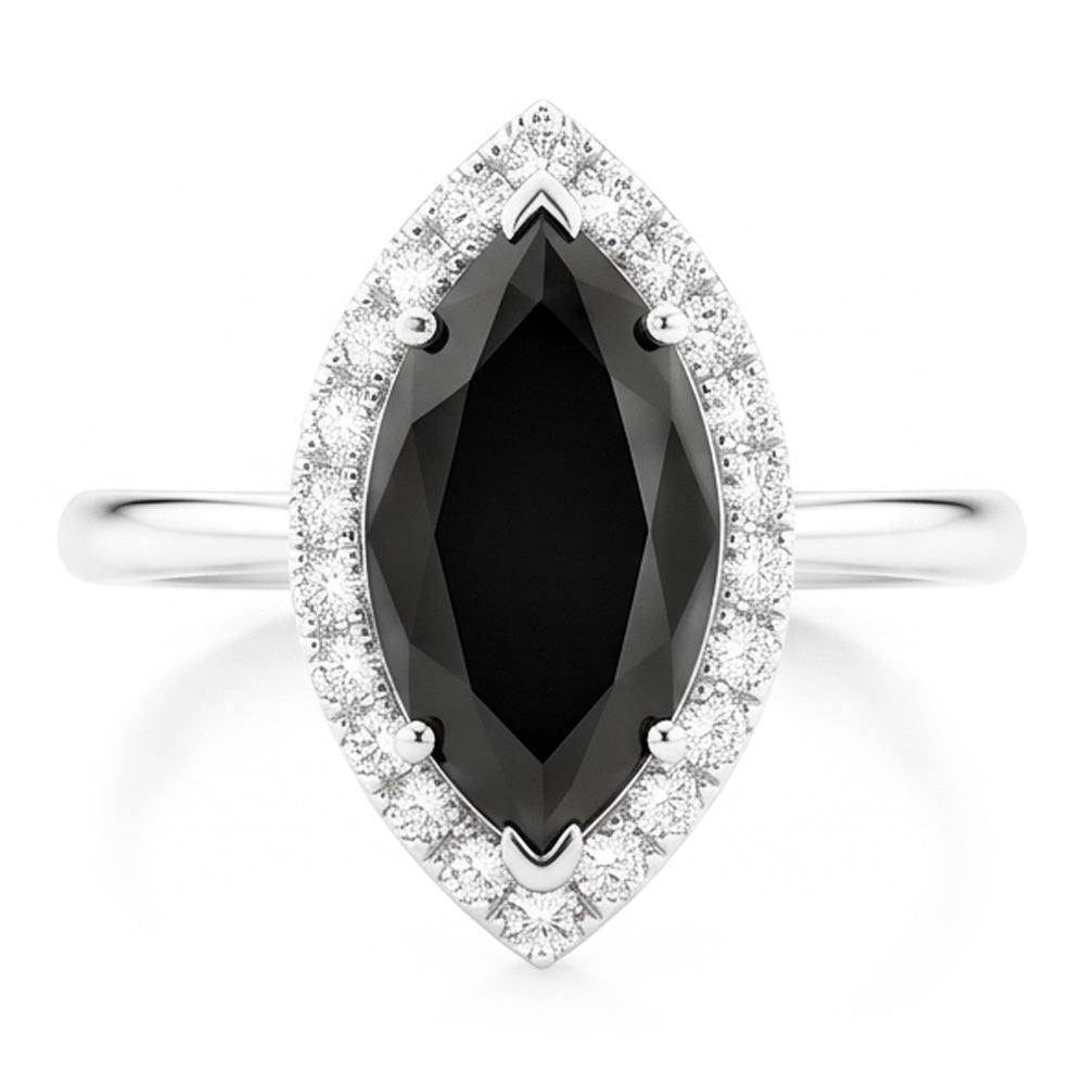 Black Diamond Ring 11 Carat Genuine Marquise Halo 14K White Gold