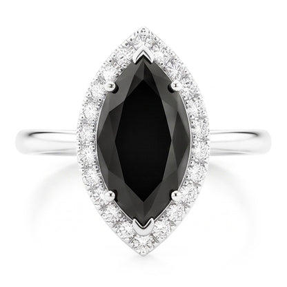 Black Diamond Ring 11 Carat Genuine Marquise Halo 14K White Gold