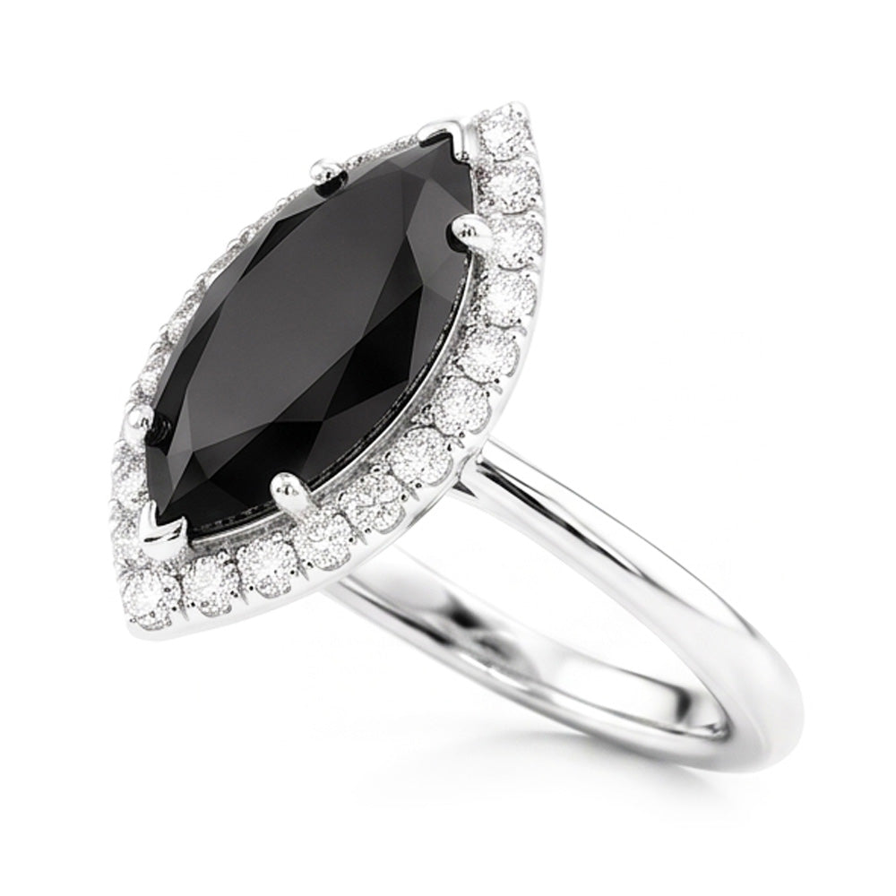 Black Diamond Ring 11 Carat Genuine Marquise Halo 14K White Gold