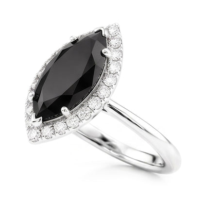Black Diamond Ring 11 Carat Genuine Marquise Halo 14K White Gold