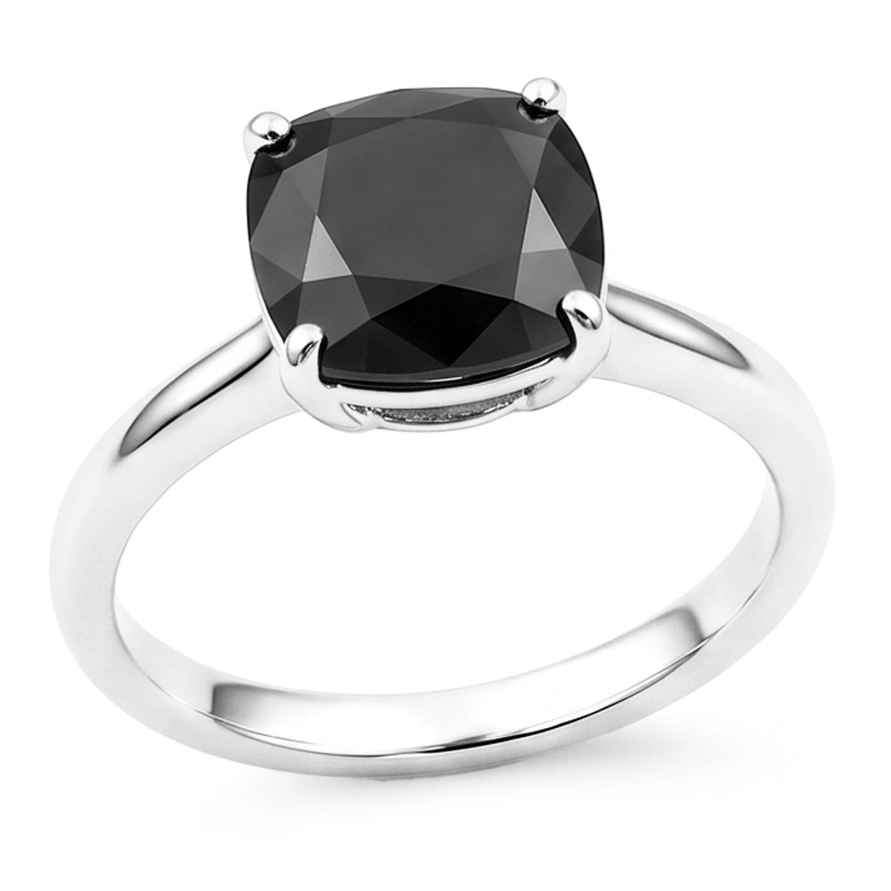 Black Diamond Ring 3.75 Carat Natural Cushion Solitaire 14K White Gold