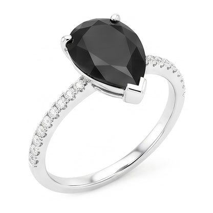 Black Diamond Ring 5 Carat Natural Pear Pave Solitaire 14K White Gold